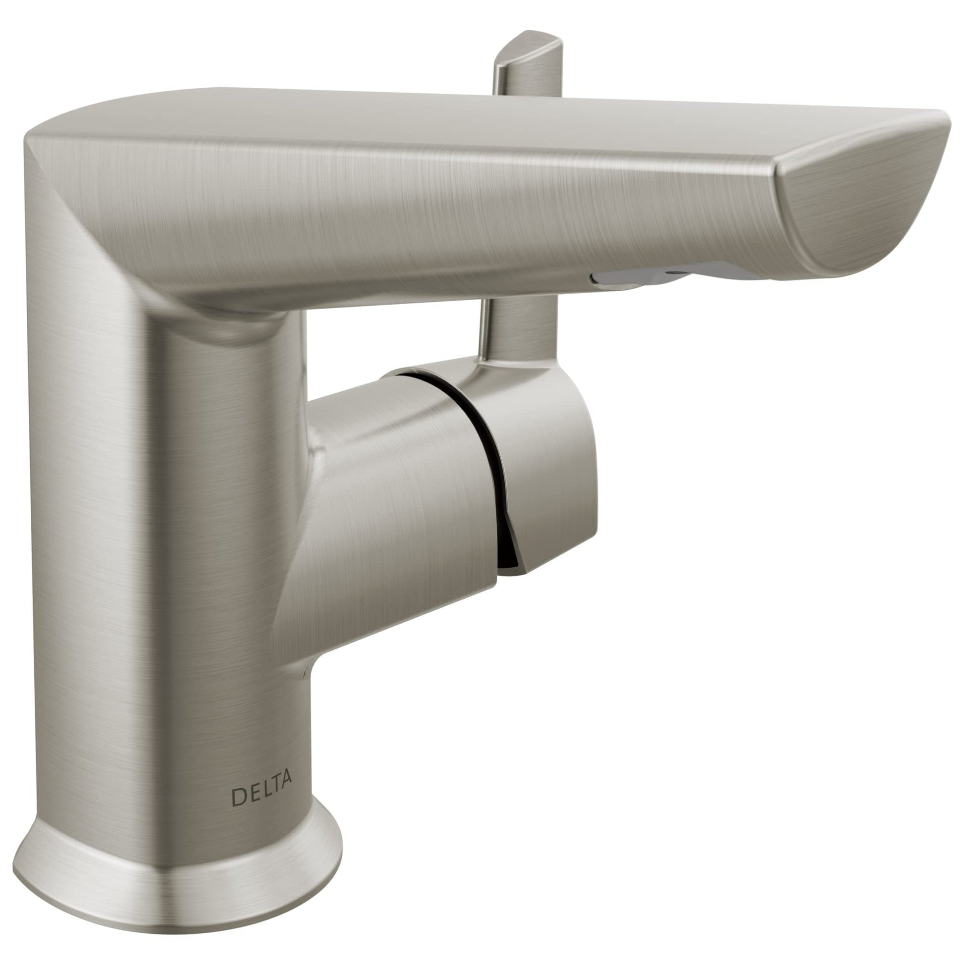 Brushed nickel single handle bathroom faucet with side lever handle and integrated pop-up drain assembly.