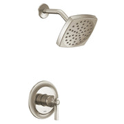 Polished nickel shower trim kit with single lever handle, square showerhead with perforations, and curved arm.