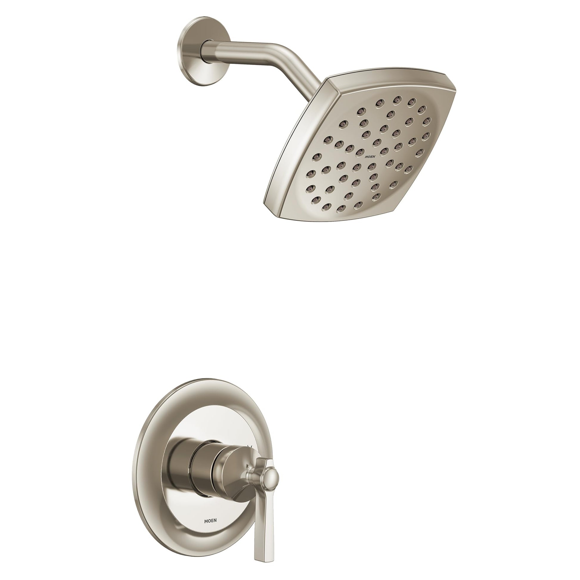 Polished nickel shower trim kit with single lever handle, square showerhead with perforations, and curved arm.
