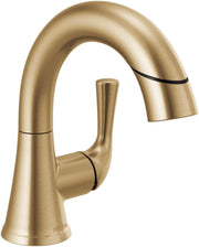 Champagne bronze single-handle pull-down bathroom faucet with curved spout and cylindrical handle.