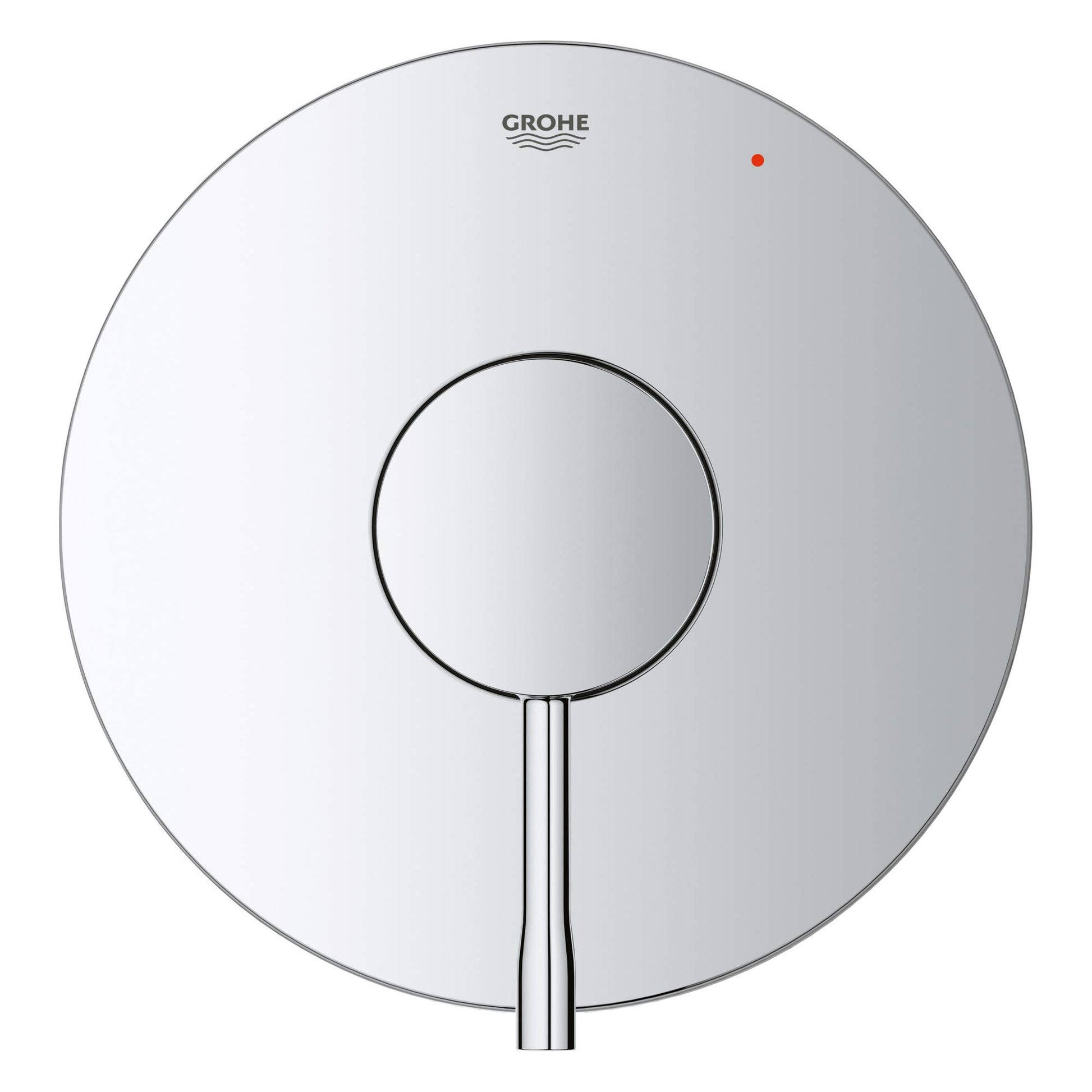 Chrome pressure balance valve trim with circular escutcheon plate, central control handle, and red temperature indicator dot.