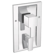 Chrome shower valve trim kit with square handles and rectangular escutcheon plate, featuring Moen branding.
