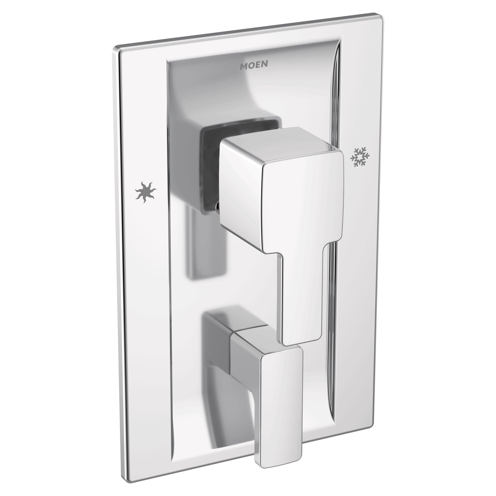 Chrome shower valve trim kit with square handles and rectangular escutcheon plate, featuring Moen branding.