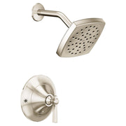 Polished nickel shower trim kit with square showerhead, curved arm, and single-lever control valve.