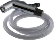 Chrome side spray head with trigger control and clear vinyl hose with textured grip pattern.
