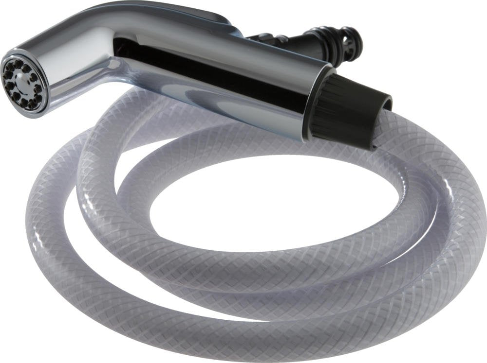 Chrome side spray head with trigger control and clear vinyl hose with textured grip pattern.