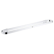 Chrome towel bar with white accent strip and curved end caps, mounted horizontally.
