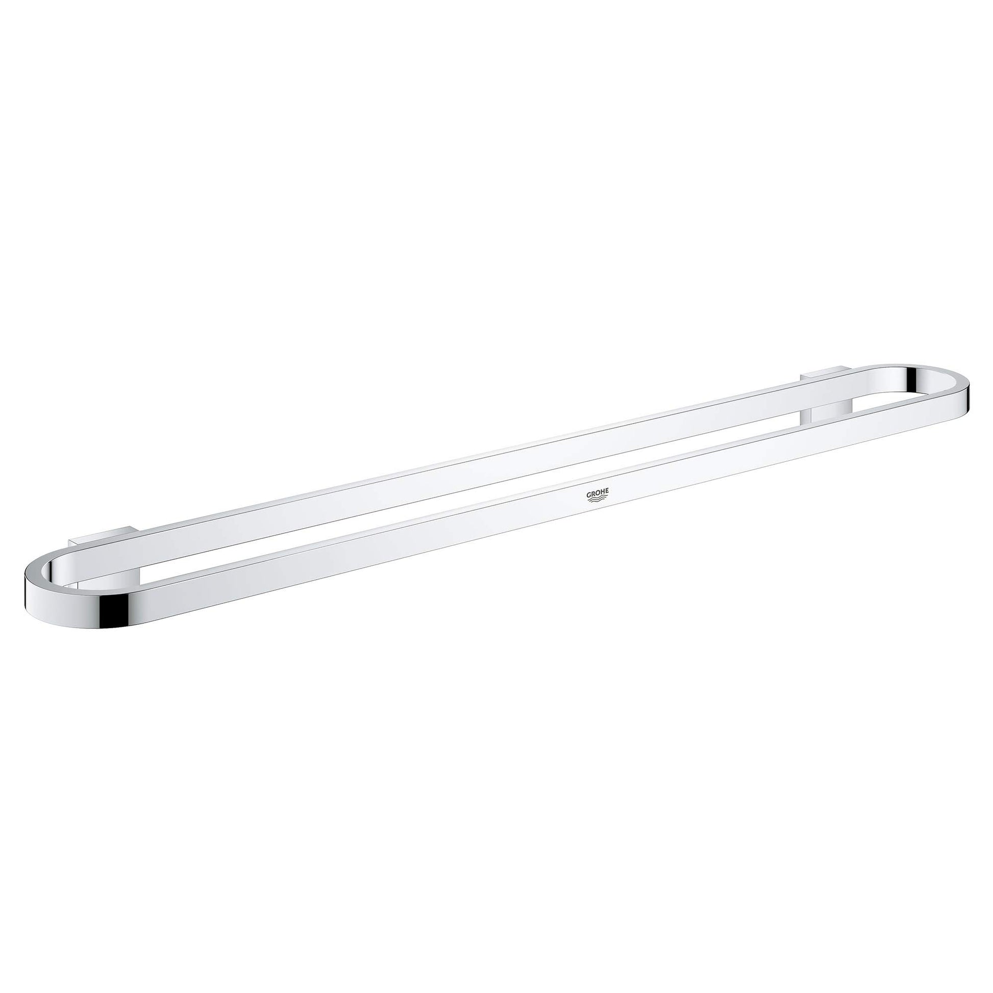 Chrome towel bar with white accent strip and curved end caps, mounted horizontally.