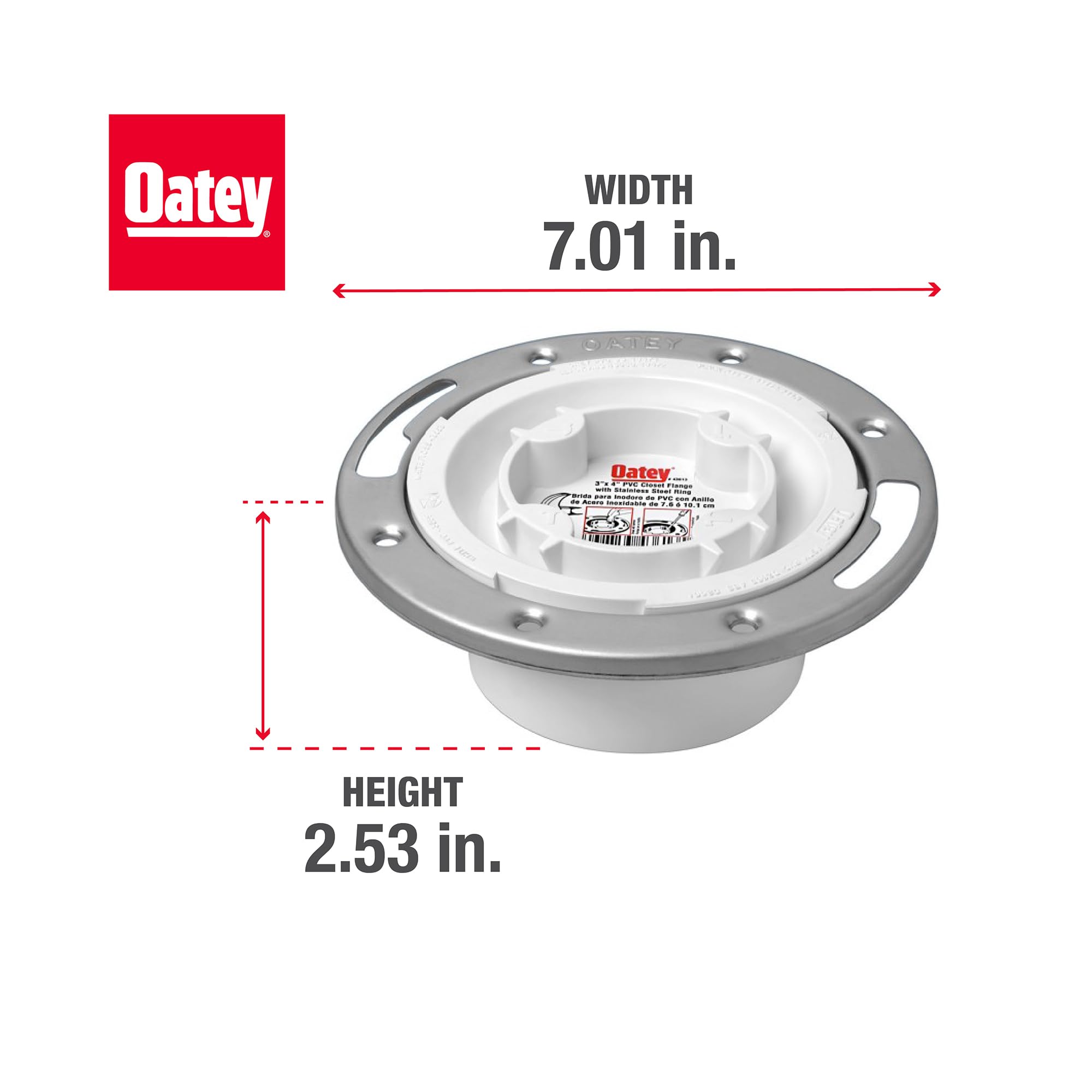 White PVC closet flange with stainless steel ring, 7.01 inches wide and 2.53 inches tall.