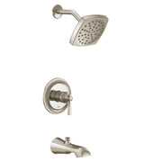 Polished nickel tub and shower trim kit with single-handle valve, showerhead, and tub spout.