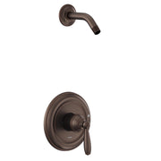 Oil rubbed bronze shower trim kit with single lever handle and curved wall-mounted spout.