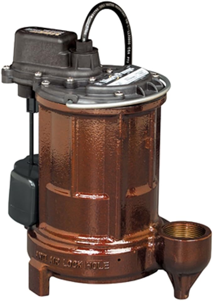 Cast iron submersible sump pump with black motor housing, curved discharge handle, and attached power cord.