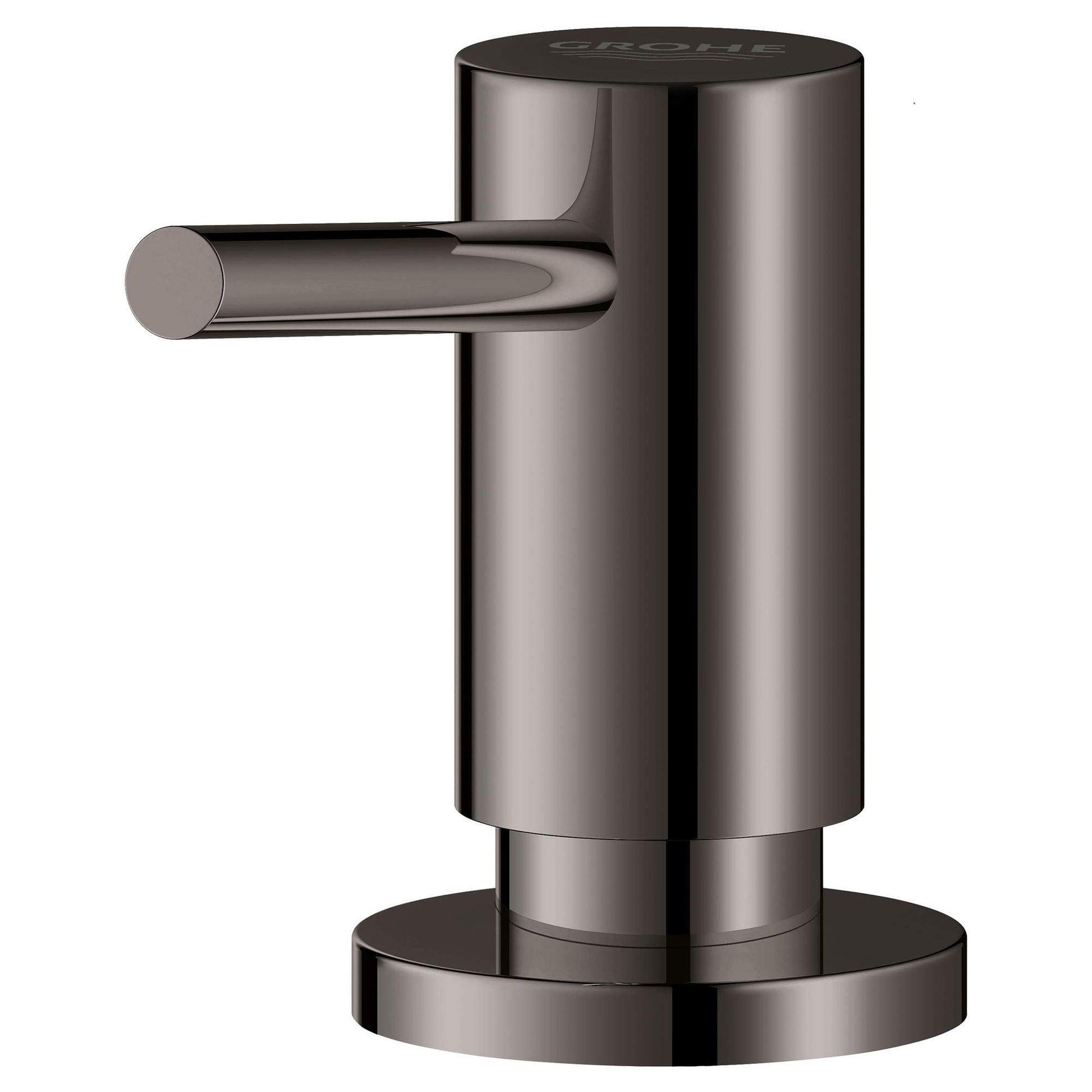 Dark graphite cylindrical soap dispenser with side-mounted lever pump and round base.