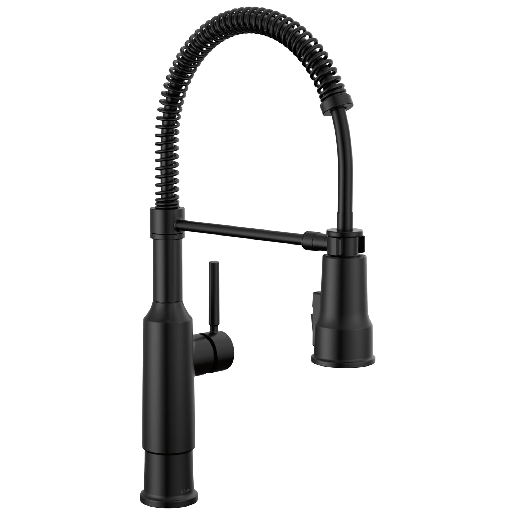 Matte black single-handle kitchen faucet with pull-down spring spout and coiled hose.