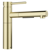 Satin gold pull-out kitchen faucet with cylindrical body, extended spout, and single lever handle.