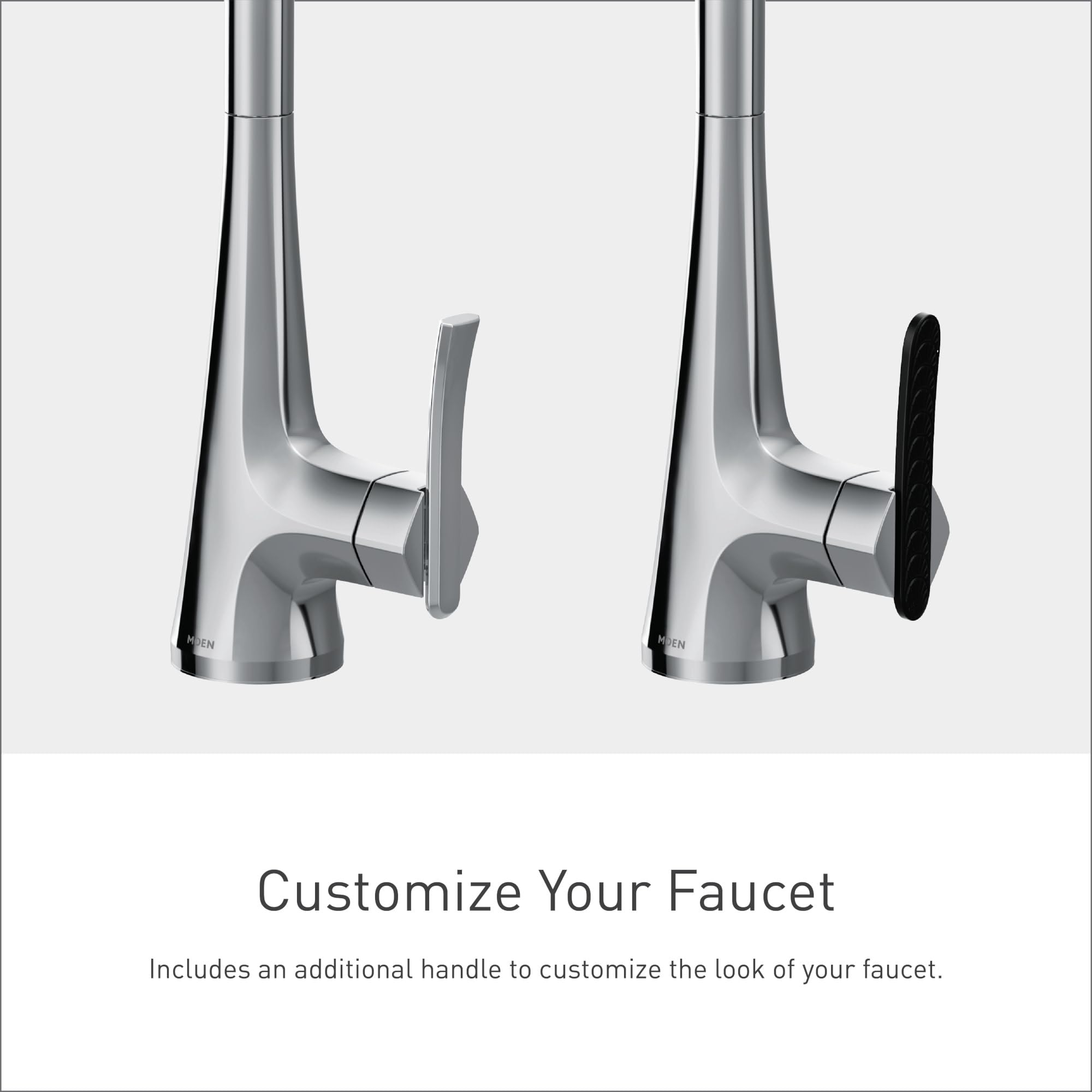 Chrome pulldown kitchen faucet with high arc spout and single handle shown with interchangeable black and gray handle options