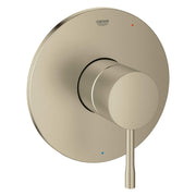Grohe Essence brushed nickel pressure balance valve trim with circular escutcheon plate and lever handle.