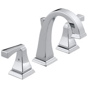 Chrome two-handle widespread bathroom faucet with curved spout and square base handles on each side.