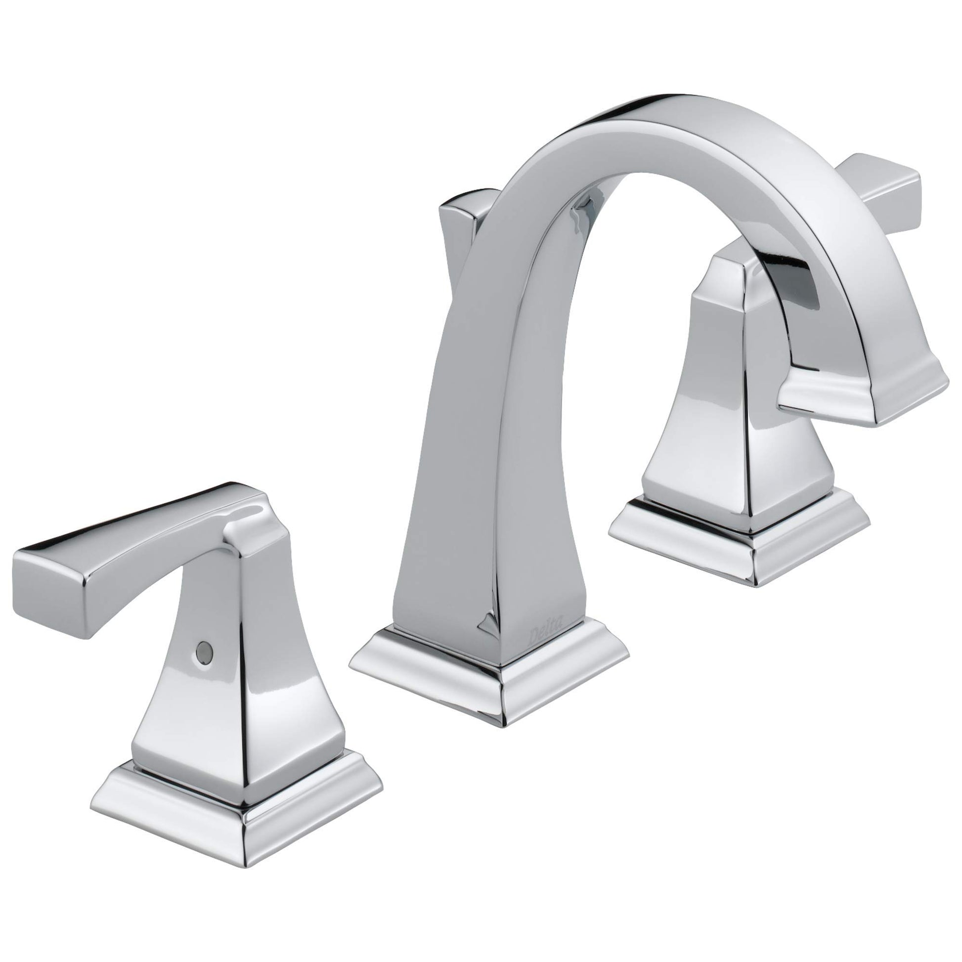 Chrome two-handle widespread bathroom faucet with curved spout and square base handles on each side.