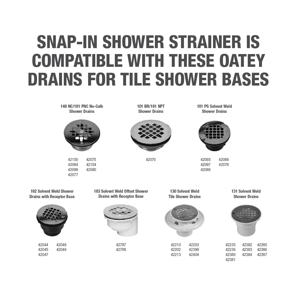 Satin nickel circular shower strainer with grid pattern holes, 4-1/4 inches wide, compatible with multiple Oatey drain types.