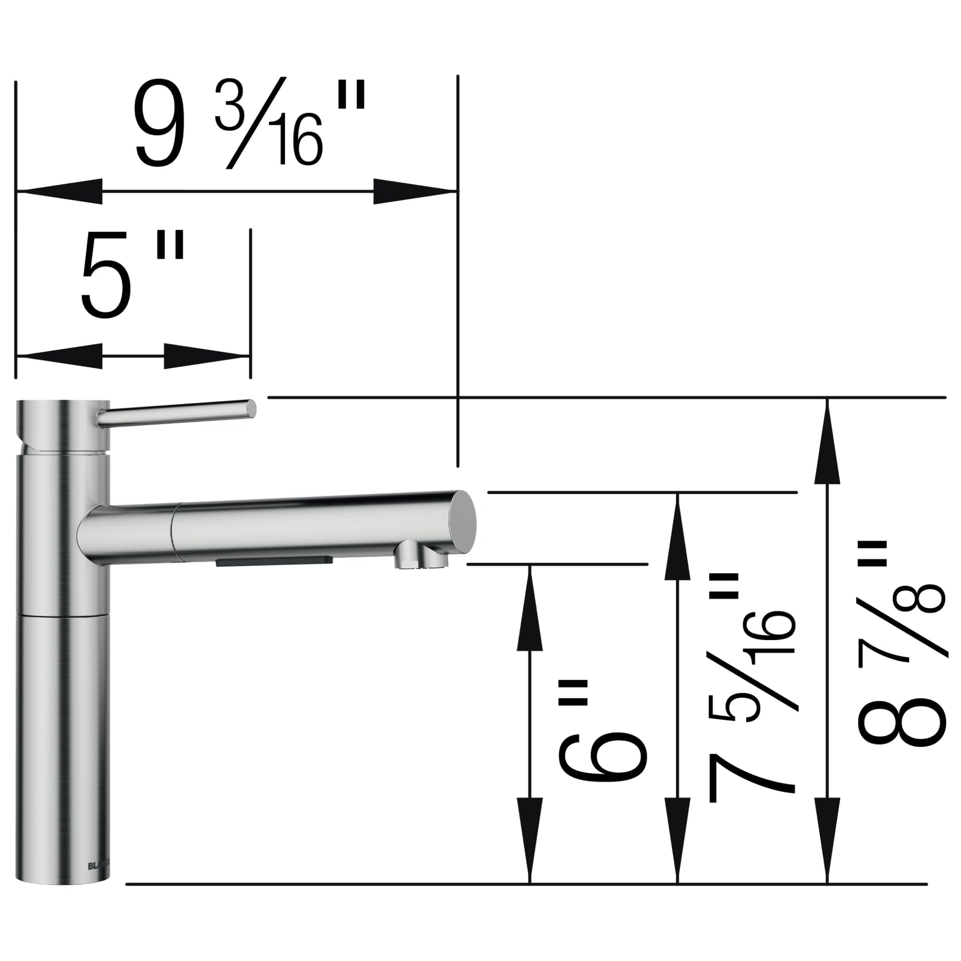 Stainless steel pull-out kitchen faucet with cylindrical body, extended spout, and dimension measurements labeled.