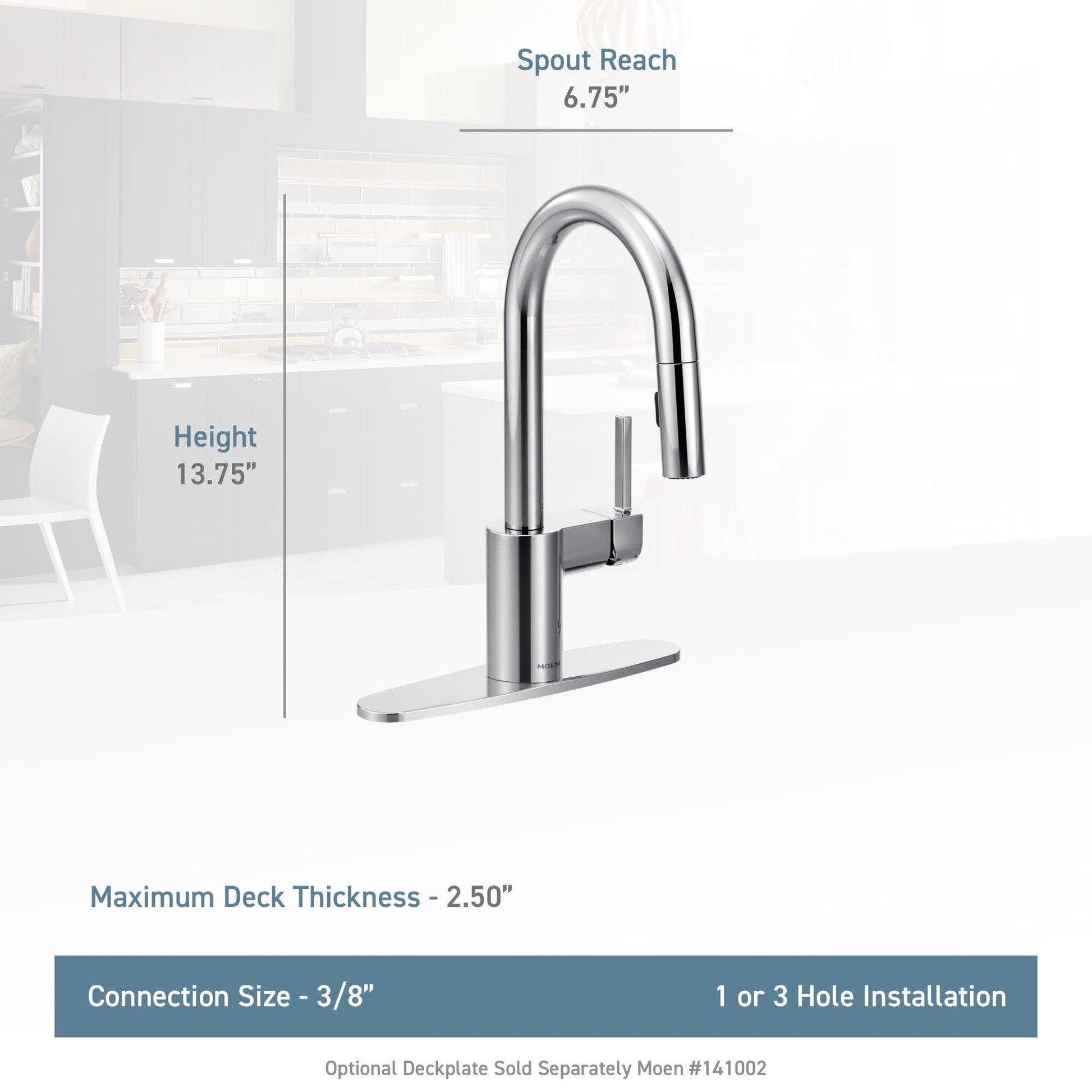 Brushed gold single-handle pulldown bar faucet with curved spout and rectangular base plate shown with dimension specificatio