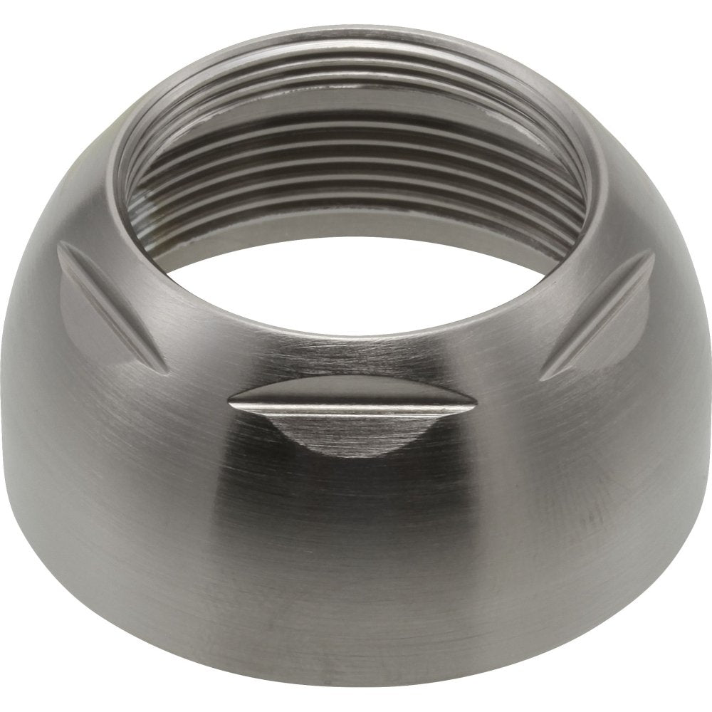 Stainless steel bonnet nut with threaded interior and slot detail on brushed finish surface.