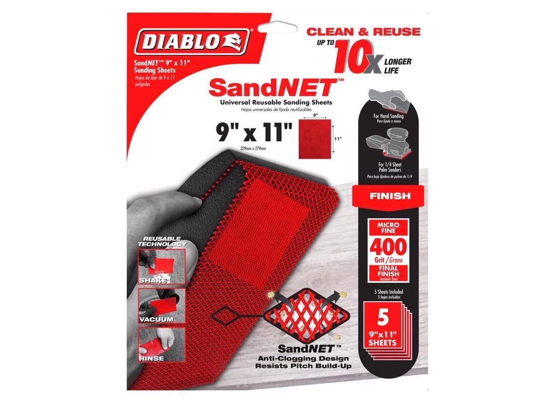 Diablo SandNET 9" x 11" red micro fine 400-grit reusable sanding sheets, pack of 5 with anti-clogging mesh design.