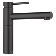 Matte black bar-style faucet with single lever handle and horizontal spout extending to the right.
