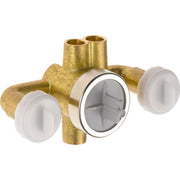 Brass shower diverter valve with white plastic caps and central chrome trim ring, showing internal diverter mechanism.