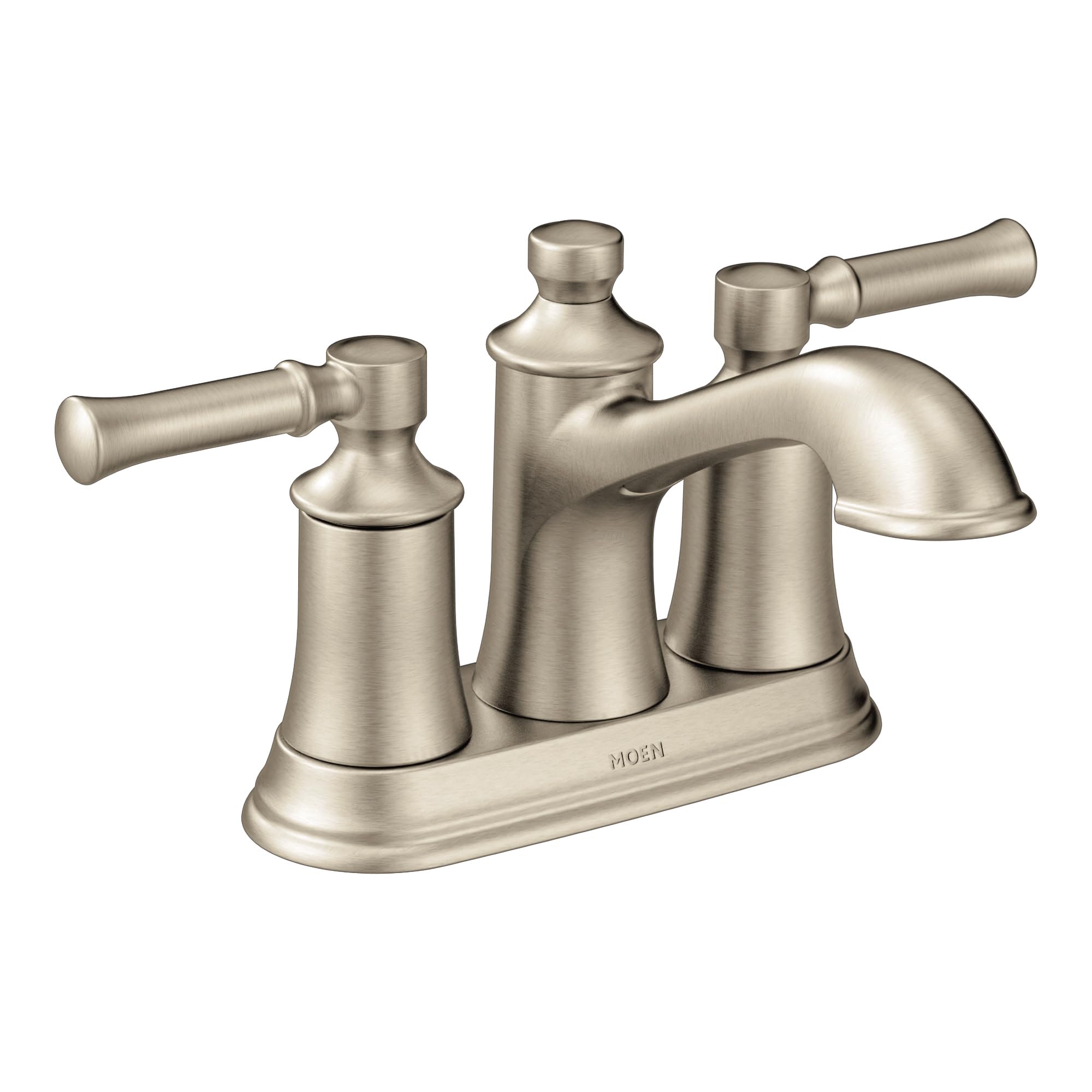 Brushed nickel two-handle bathroom sink faucet with curved spout and traditional cylindrical handles.
