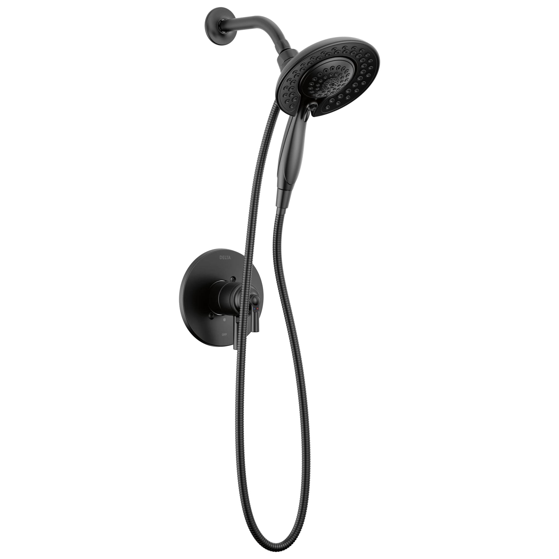 Black shower trim with round overhead head, handheld sprayer, flexible hose, and wall-mounted control valve.