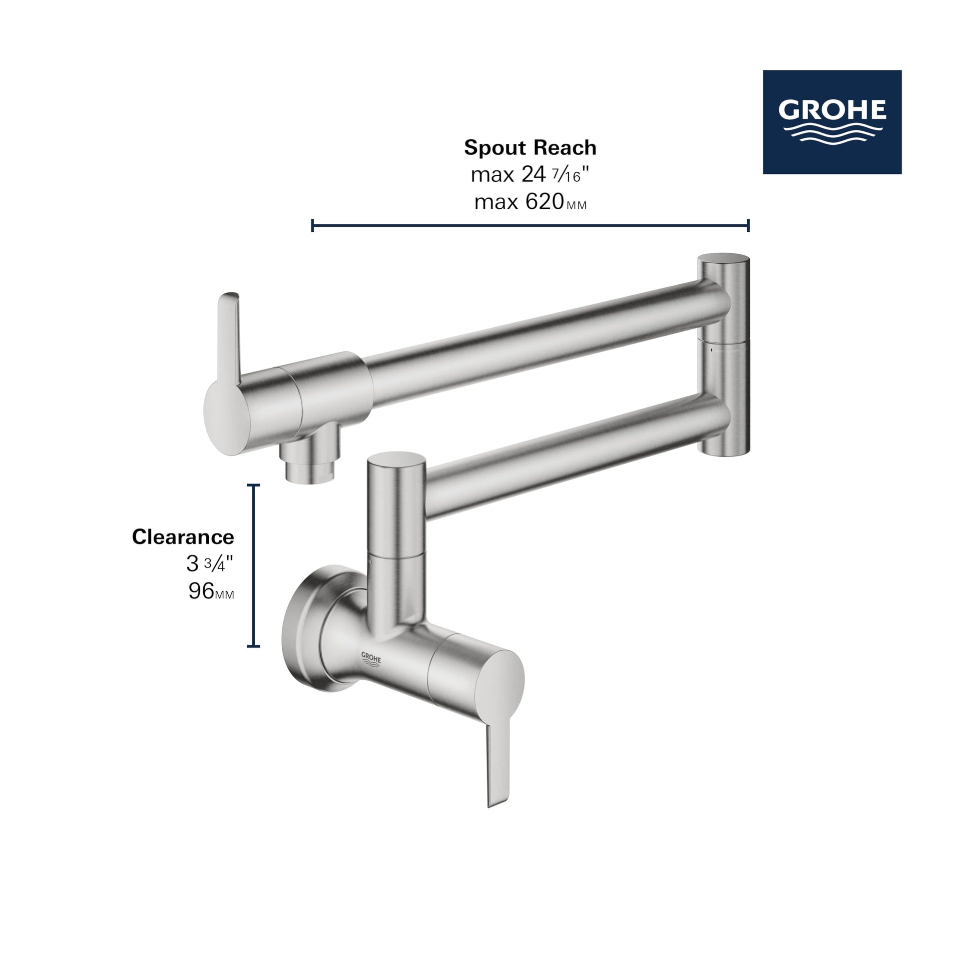Grohe Supersteel wall-mount pot filler with articulating spout, dual handles, and 24-inch reach.