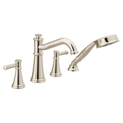 Polished nickel roman tub faucet trim kit with two handles, curved spout, and detachable handshower.