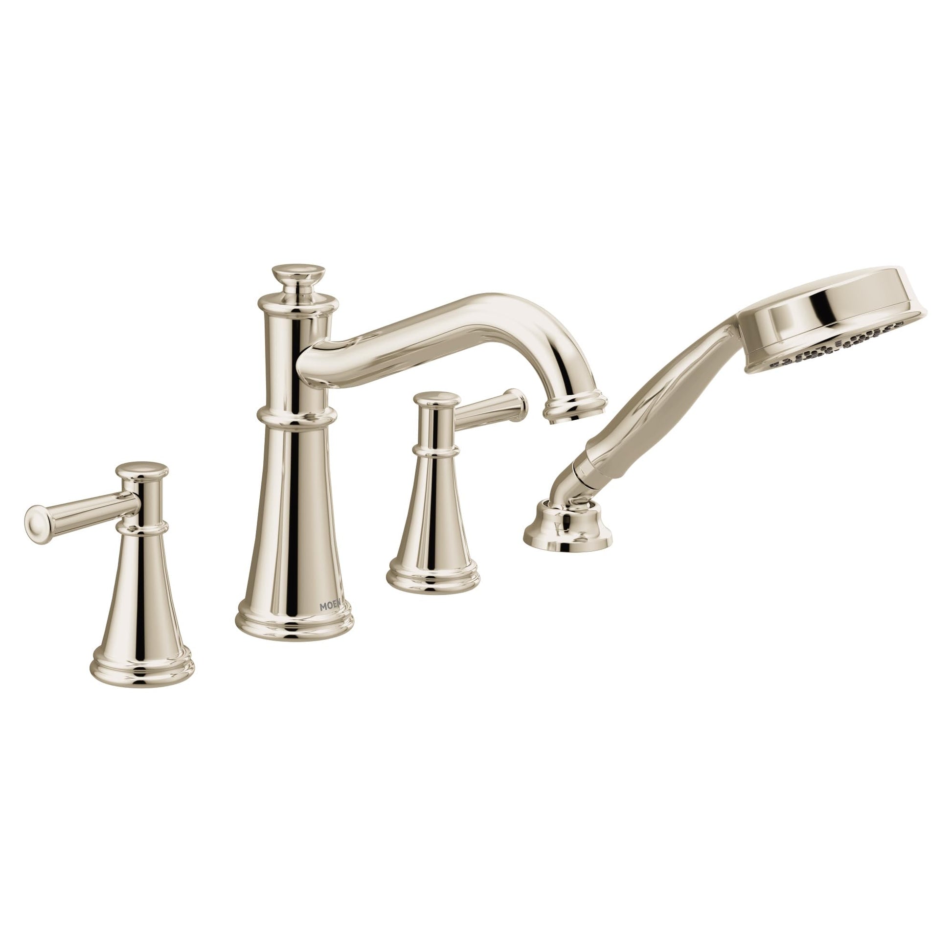 Polished nickel roman tub faucet trim kit with two handles, curved spout, and detachable handshower.