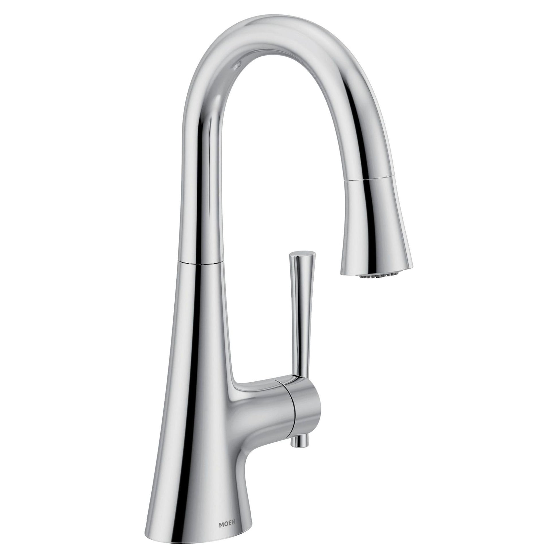 Chrome kitchen faucet with curved spout, single handle, and pull-down spray head.