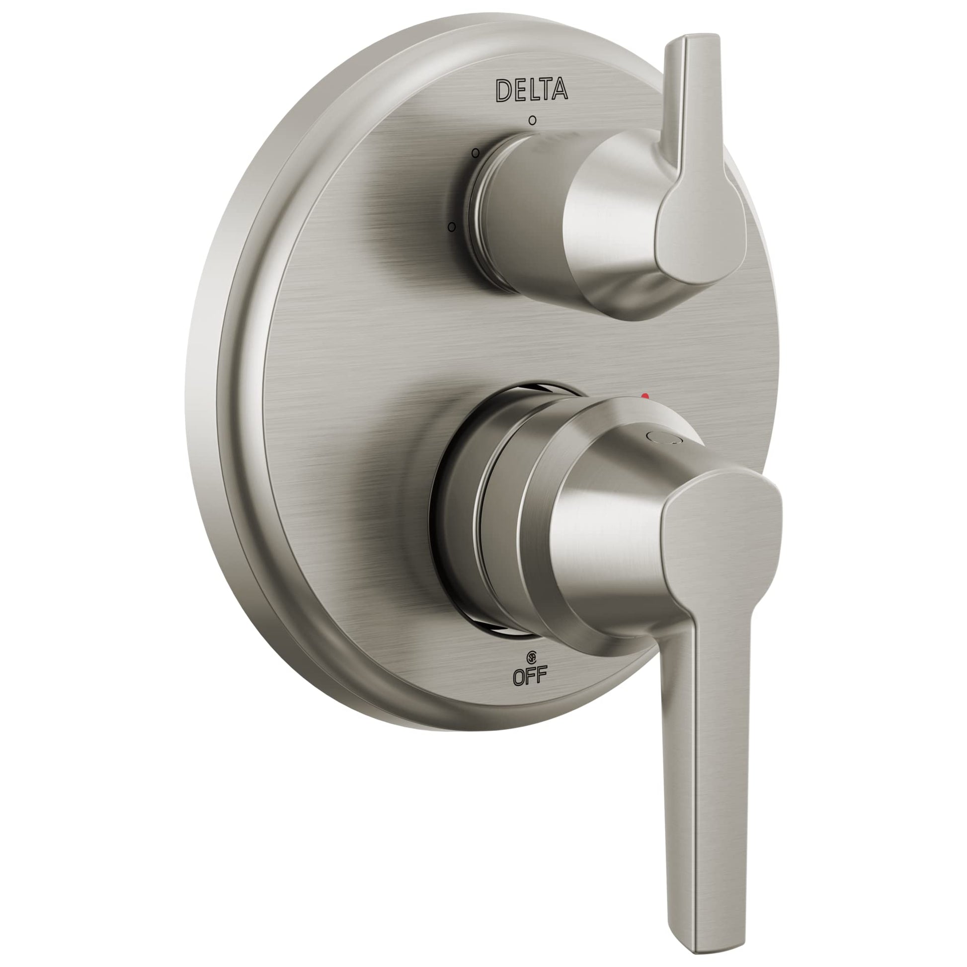 Brushed nickel Delta shower trim with oval backplate, upper lever handle for diverter, lower lever handle for temperature con