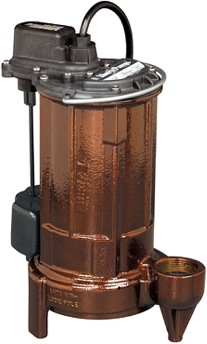 Copper submersible sump pump with black motor head, discharge hose, and float switch attached to cylindrical housing.