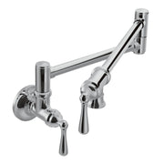 Chrome wall-mounted swing arm pot filler faucet with dual handles and folding spout in extended position.