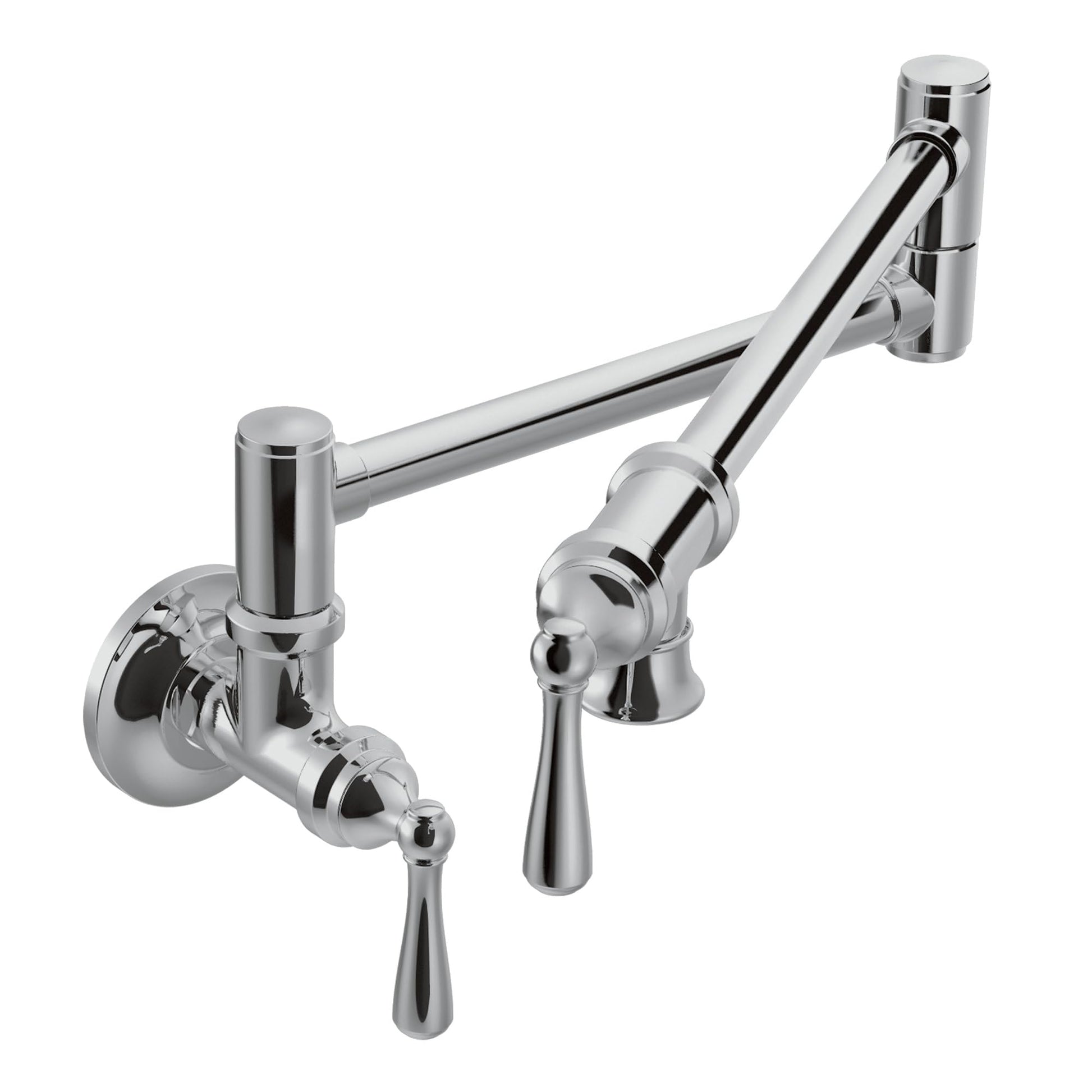 Chrome wall-mounted swing arm pot filler faucet with dual handles and folding spout in extended position.