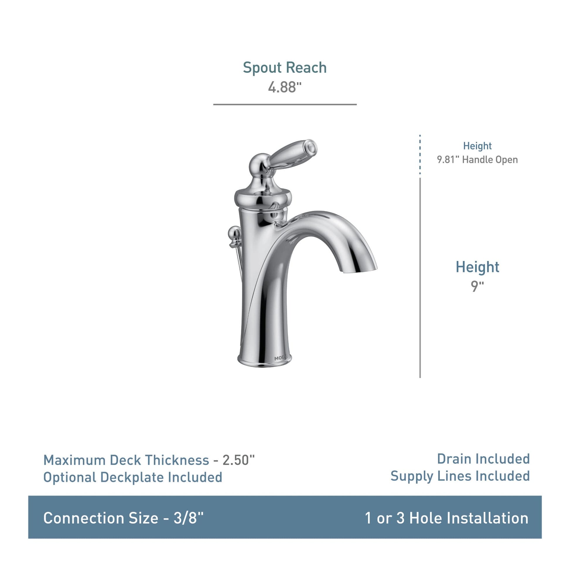 Chrome single-handle bathroom faucet with curved spout, lever handle, and 9" height.
