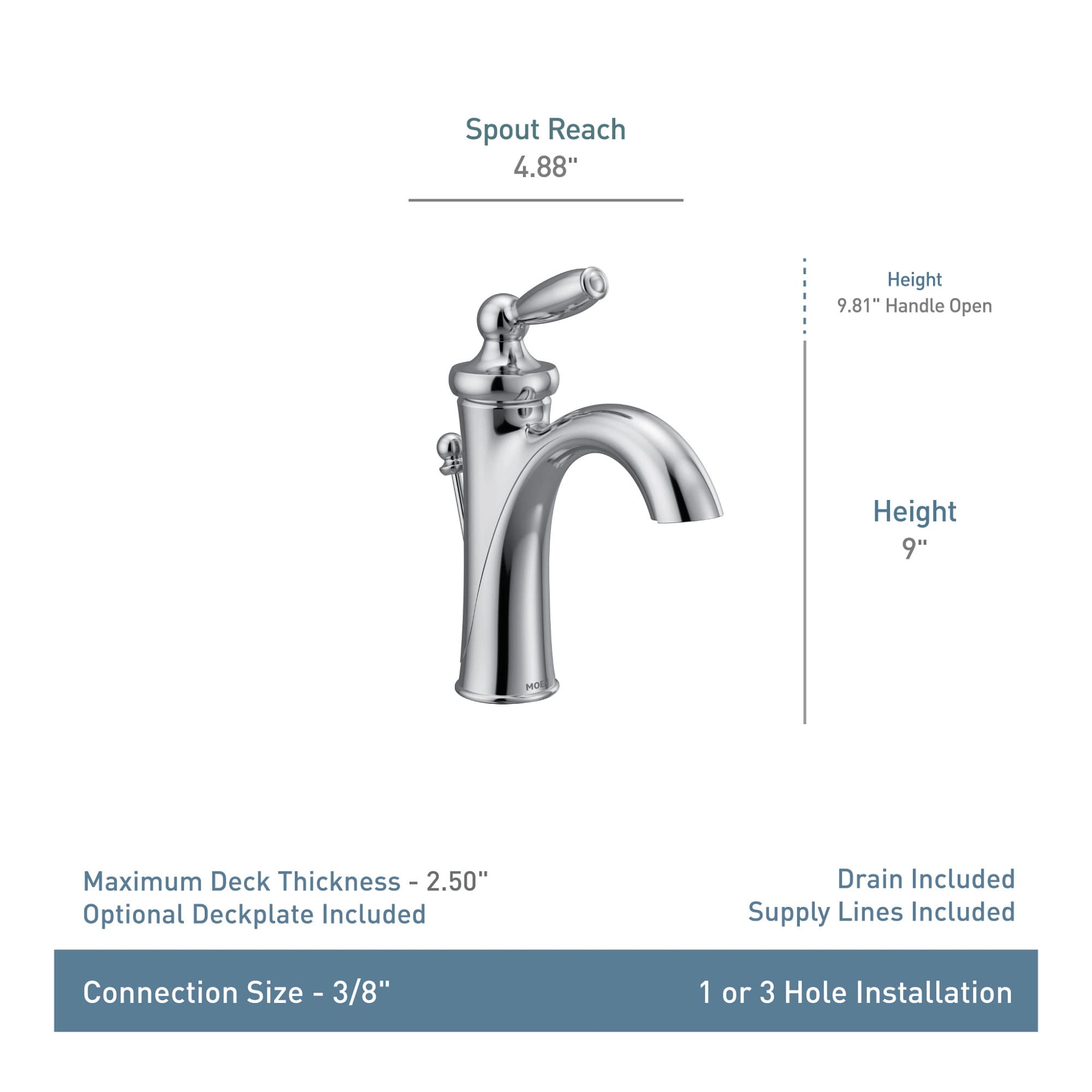 Chrome single-handle bathroom faucet with curved spout, lever handle, and 9" height.