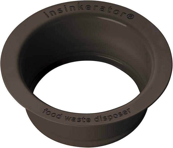 Oil rubbed bronze kitchen sink flange with InSinkErator branding and center opening.