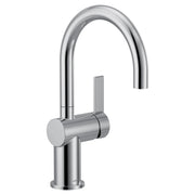 Chrome single handle bar faucet with high curved spout and cylindrical control lever on base.