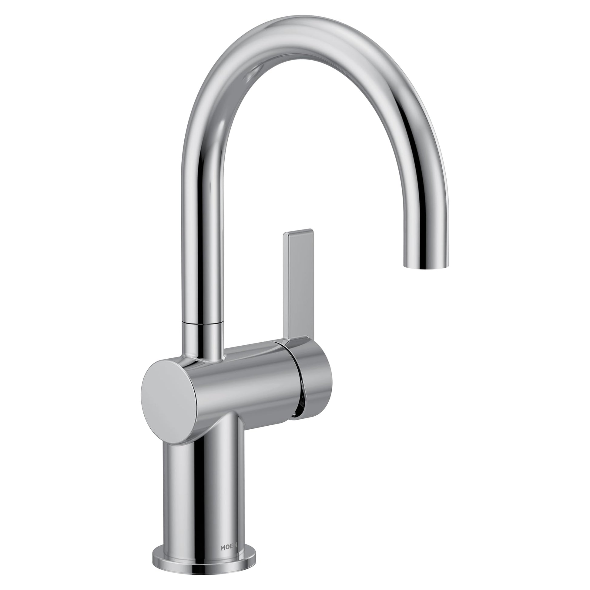 Chrome single handle bar faucet with high curved spout and cylindrical control lever on base.