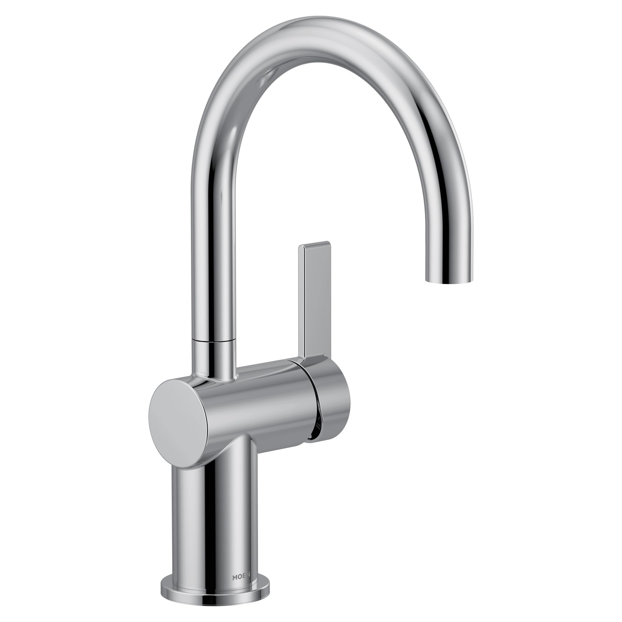 Chrome single handle bar faucet with high curved spout and cylindrical control lever on base.