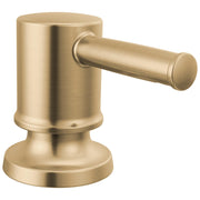 Champagne bronze metal soap dispenser with cylindrical body, side pump lever, and round base.