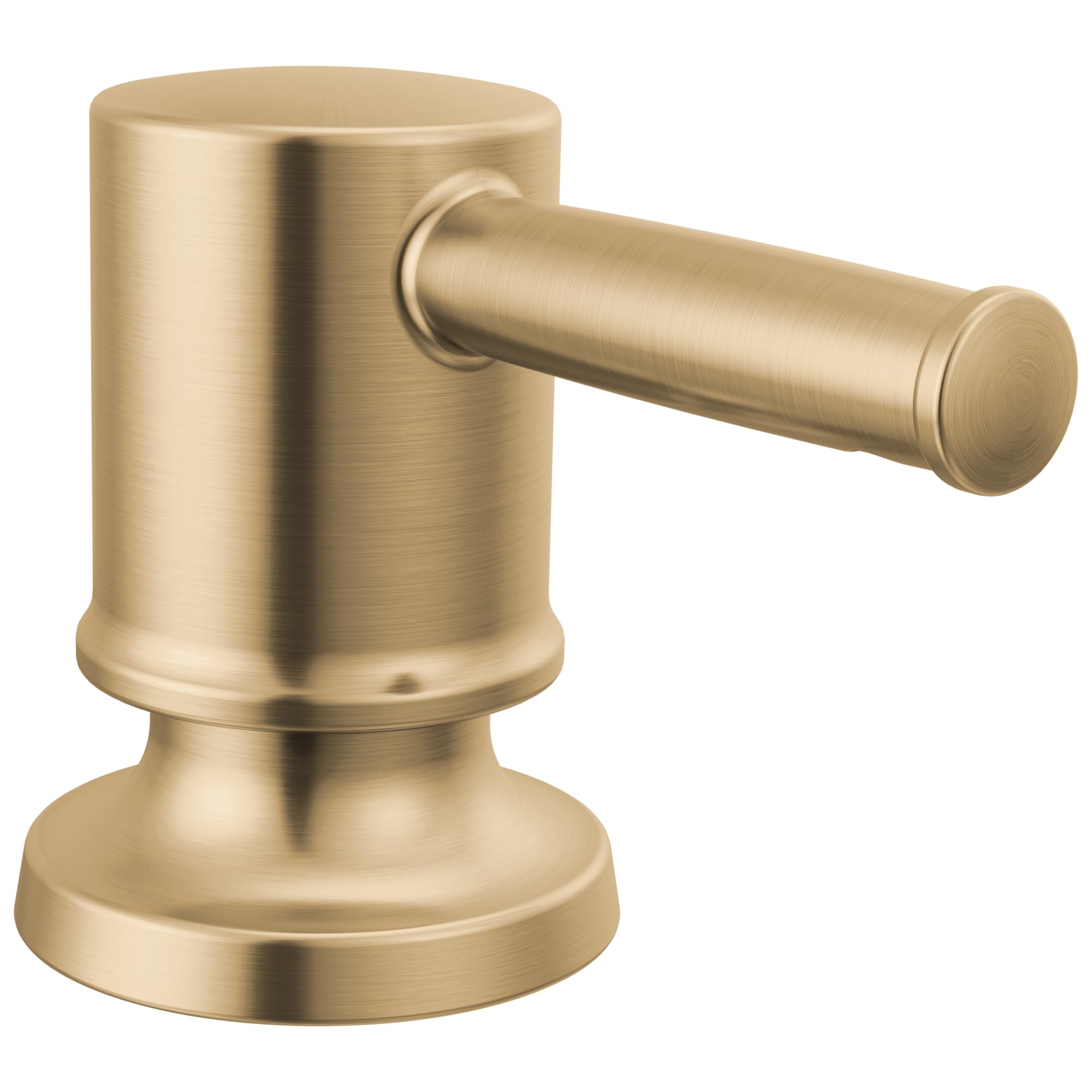 Champagne bronze metal soap dispenser with cylindrical body, side pump lever, and round base.