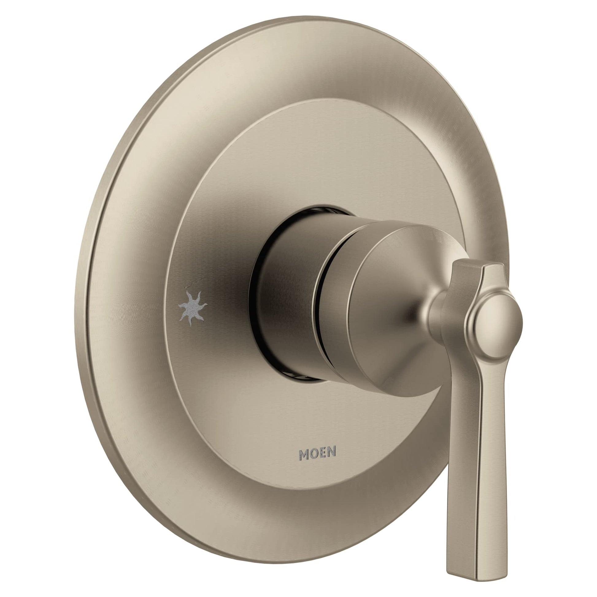Brushed nickel single-handle valve trim with circular escutcheon plate and lever handle for shower or tub control.