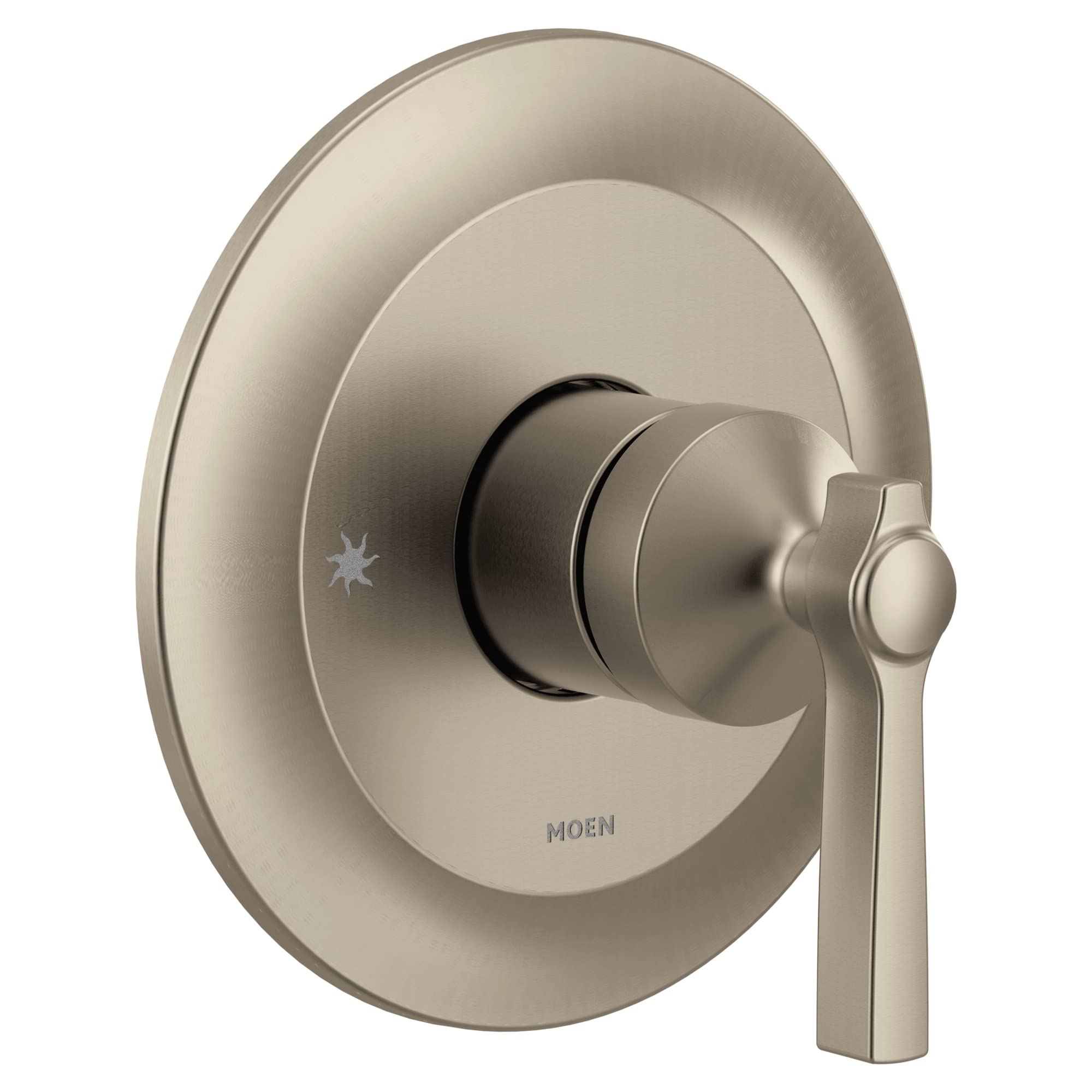 Brushed nickel single-handle valve trim with circular escutcheon plate and lever handle for shower or tub control.